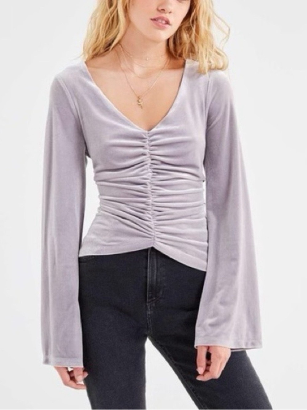 Urban Outfitters Medium Retro Gray Velvet Ruched Bell Sleeve V-Neck Marie Top